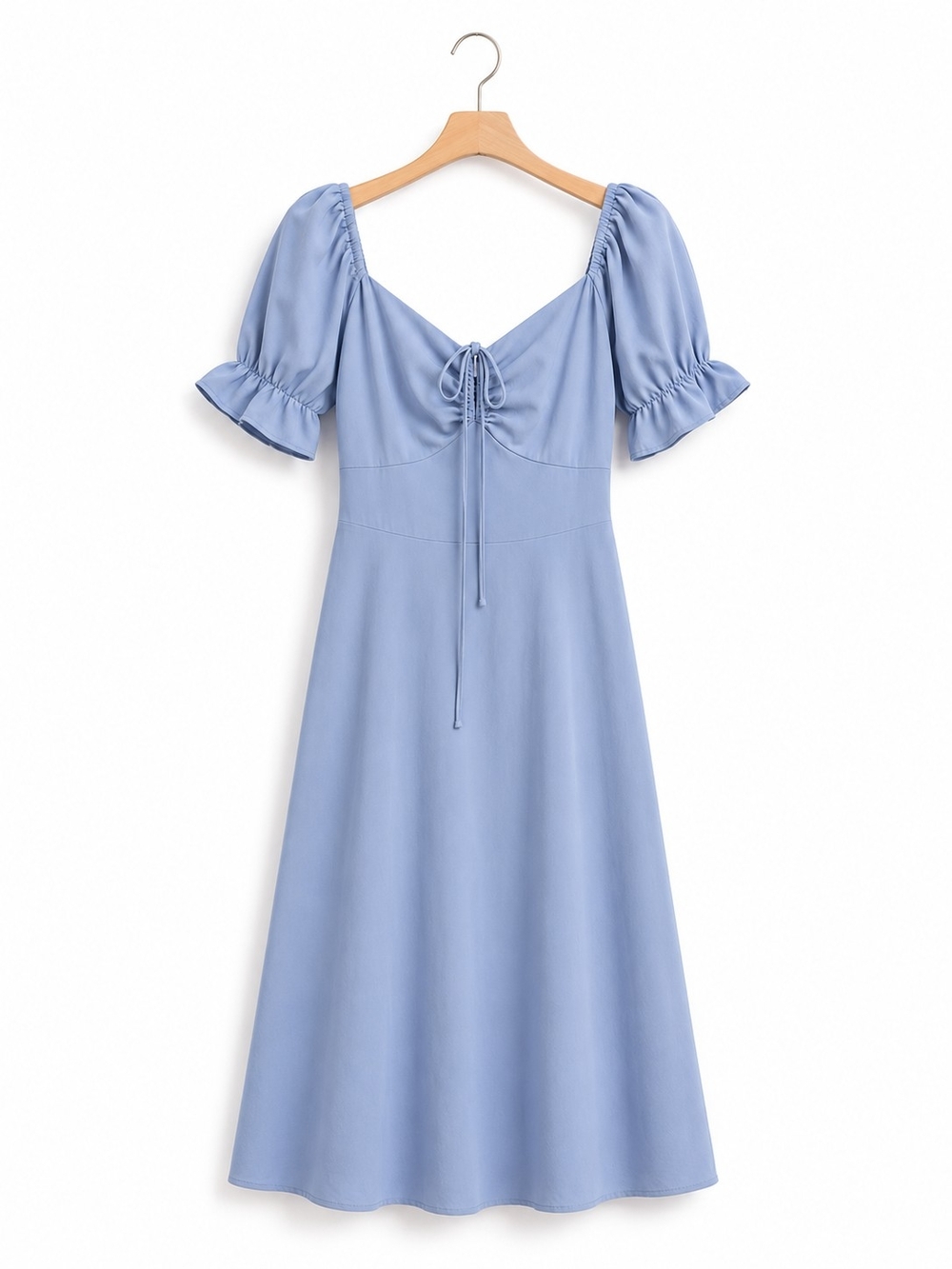 Sky Blue Puff Sleeve Midi Dress with Tie Front